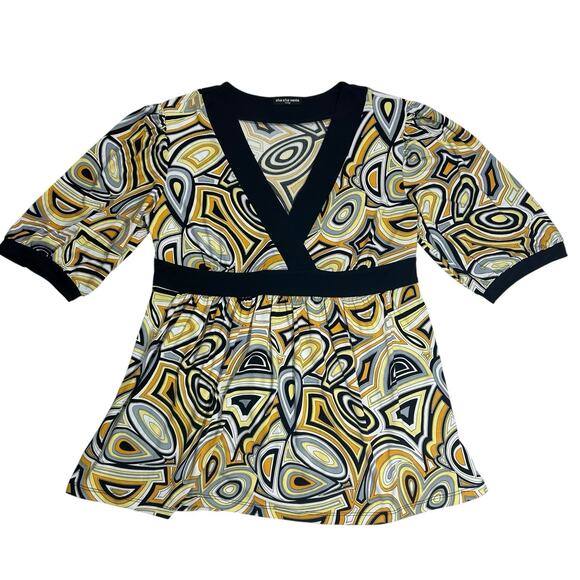 Cha Cha Vente Tops - Y2k Geometric babydoll Shirt Top Sz L deep V Neck Yellow Retro Mod 70s indie